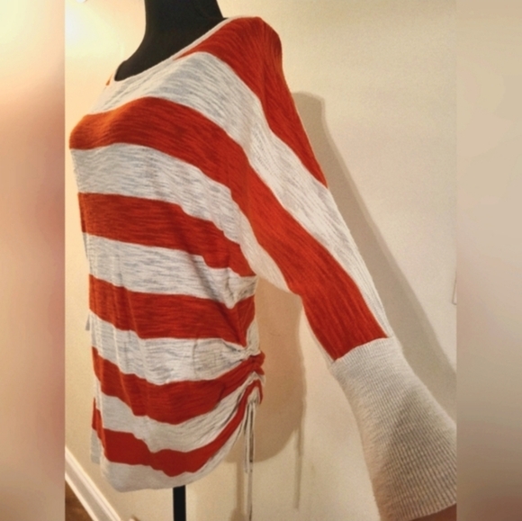 Express Orange & Cream Stripe Sweater W/Sleeves And Ruched Bottom Tie (Size Med) - Picture 9 of 15